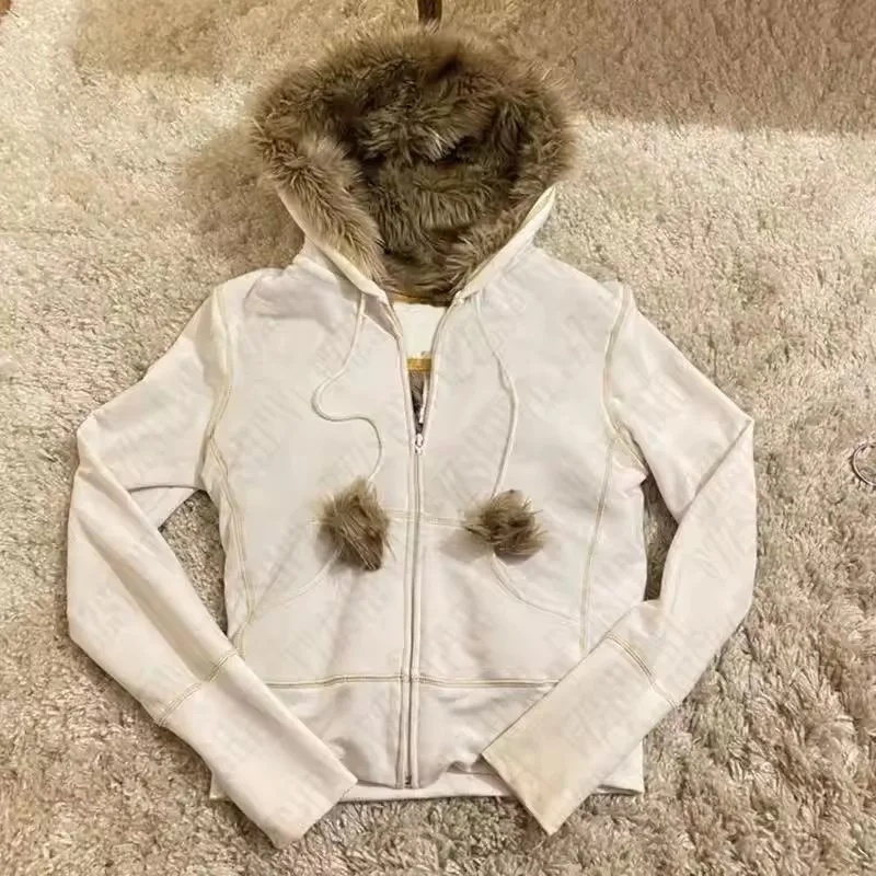 Y2k Streetwear Vintage Warm Cardigan Loose Hoodie Women Winter Fashion Fur Collar Hat Goth Hoodie Harajuku Zipper Sweatshirt