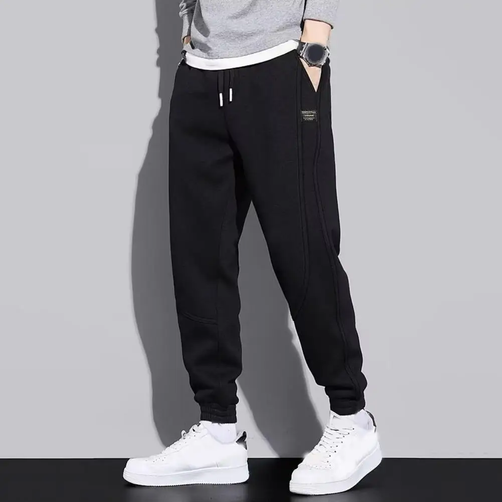 

Men Pants Ankle-banded Drawstring Elastic Mid Waist Thick Warm Patchwork Deep Crotch Solid Color Loose Pockets Sweatpants