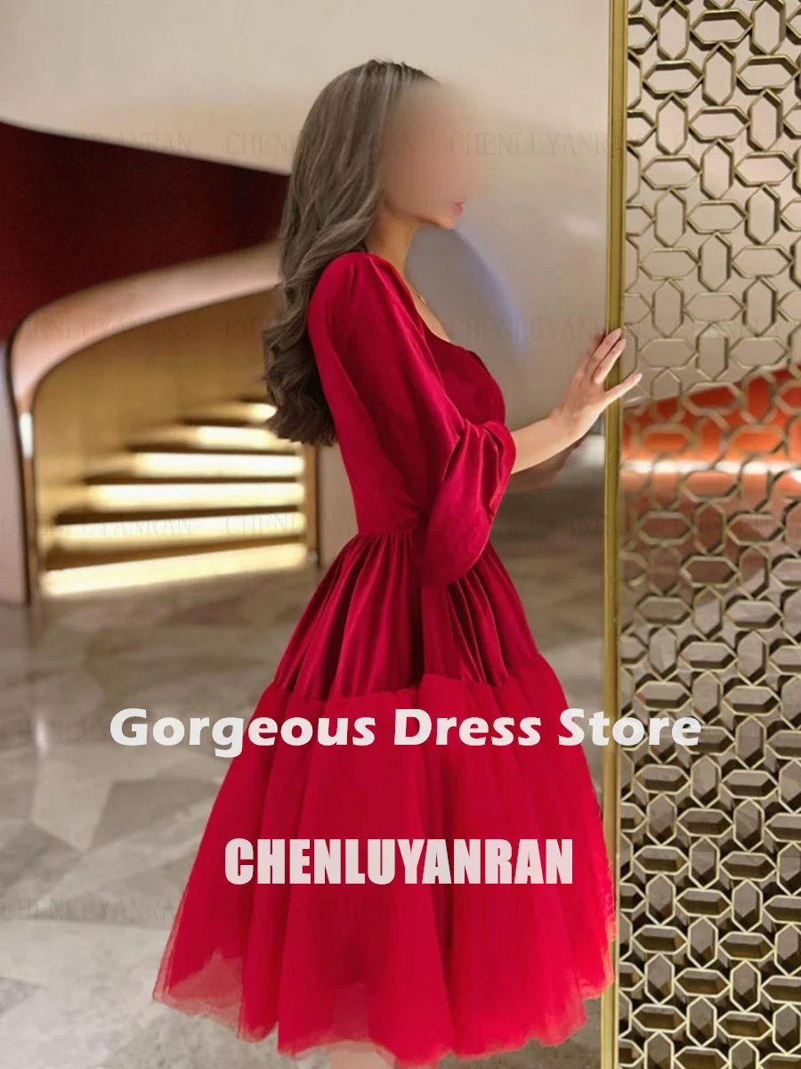 Czerwone welurowe sukienki na formalne okazje 2025 V-Neck Tea-Length Party Dress Beading 3/4 Sleeves Simple Evening Gowns فساتين السهرة