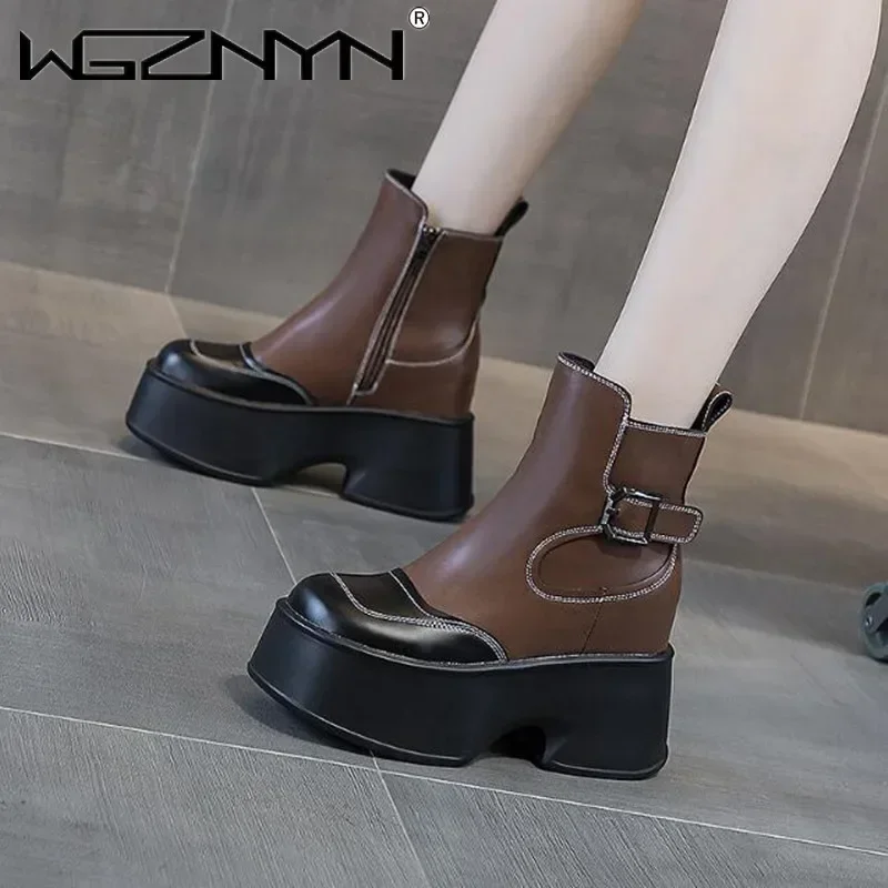 

11cm 2026 New Genuine Leather Square Toe Ankle Boots Spring Chunky Heels Autumn Plush Warm Women Ethnic Winter Ladies ZIP Shoes