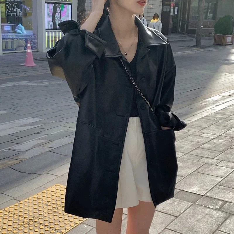 Autumn new loose fit leather jacket women's black faux leather coat turn-down collar single button style versatile outerwear