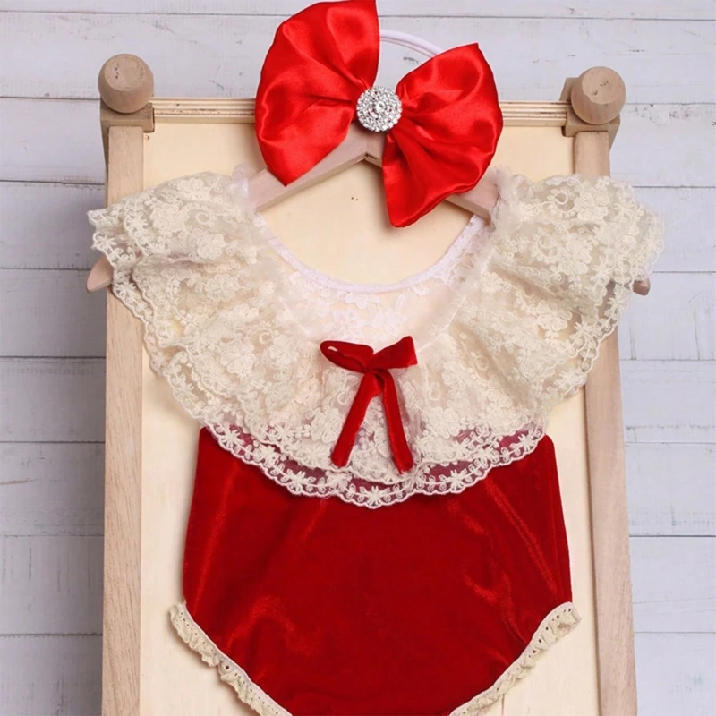 

Newborn Festive Outfit Baby Lace Romper Bowknot Headband Photo Pose Accessories W3JF