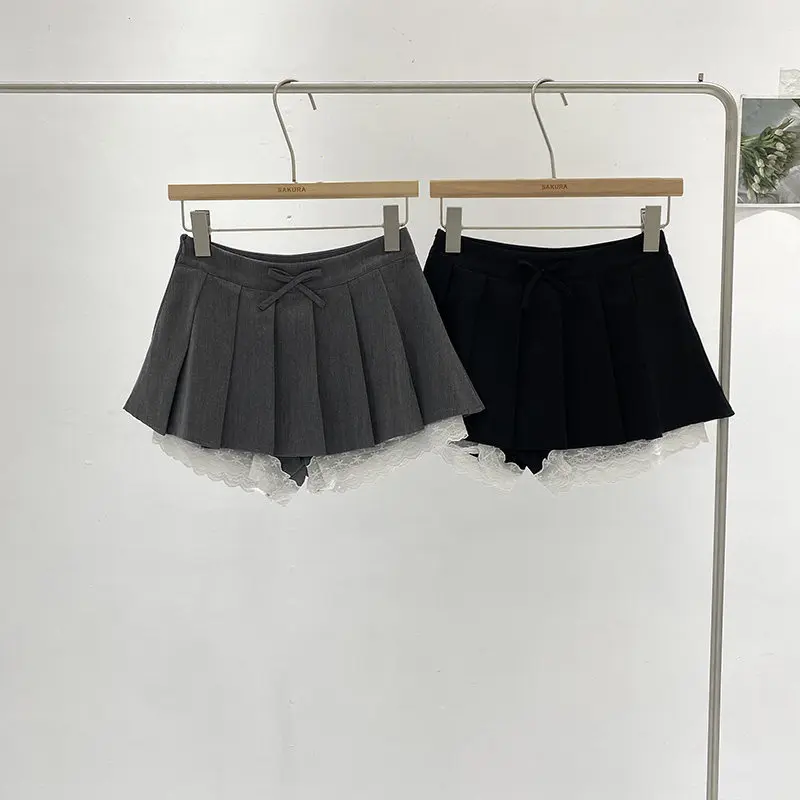 

Корейская короткая юбка с высокой талией, женская, с кружевной отделкой, универсальная, плиссированная, летняя, новинка, стройнящая, модная, для повседневной носки