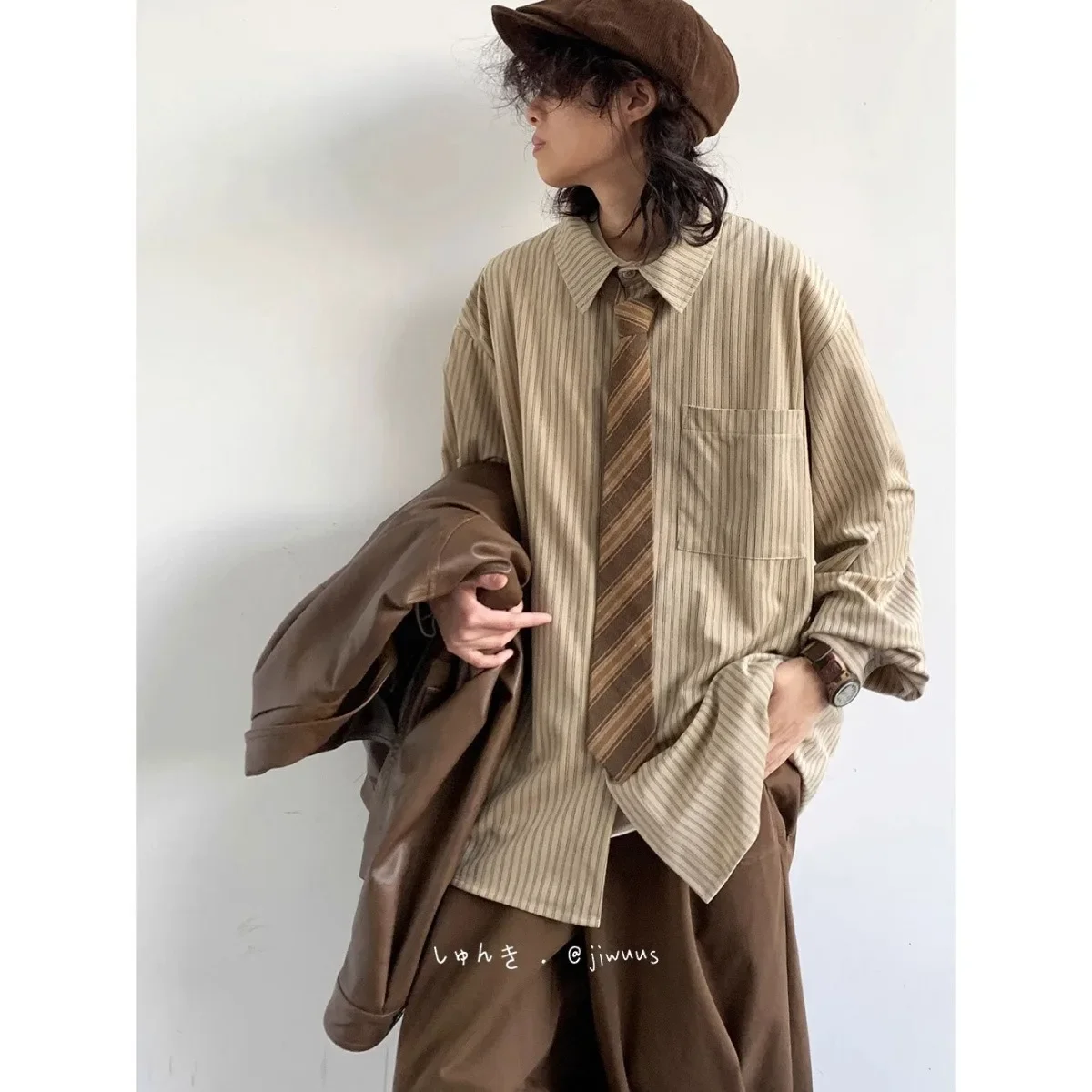 Japanese Vintage Corduroy Striped Shirt Men Autumn New All-match Long Sleeve Loose Casual Lapel Pockets Men's Striped Shirt