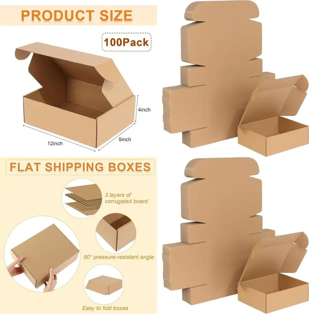 

100 Pack Small Cardboard Shipping Boxes - 12x9x4 Inches, Brown Corrugated Mailers for Business Packaging