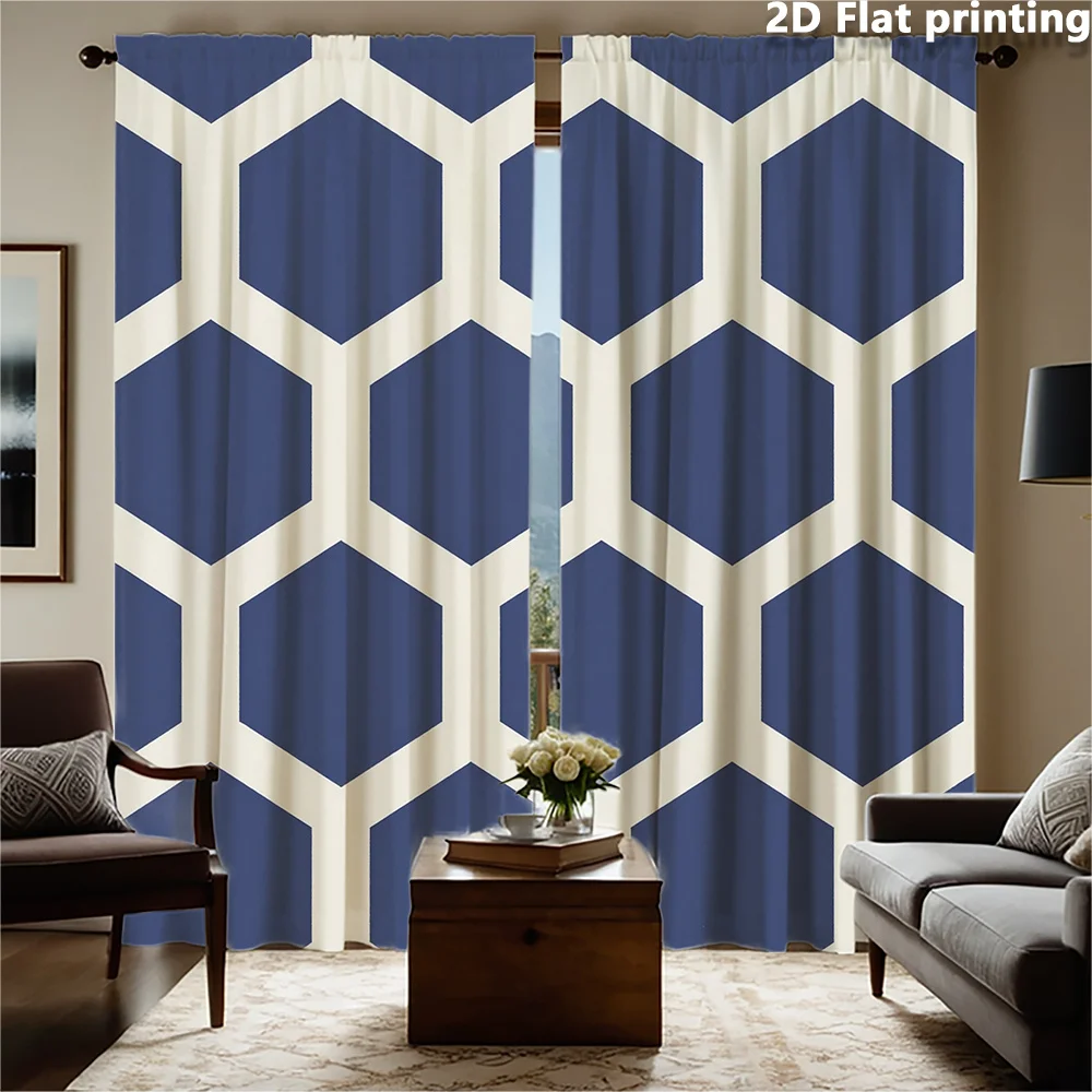 2pc Abstract Blue Hexagon Pattern Curtains Modern Geometric Window Drapes for Living Room Bathroom Bedroom Home Decor