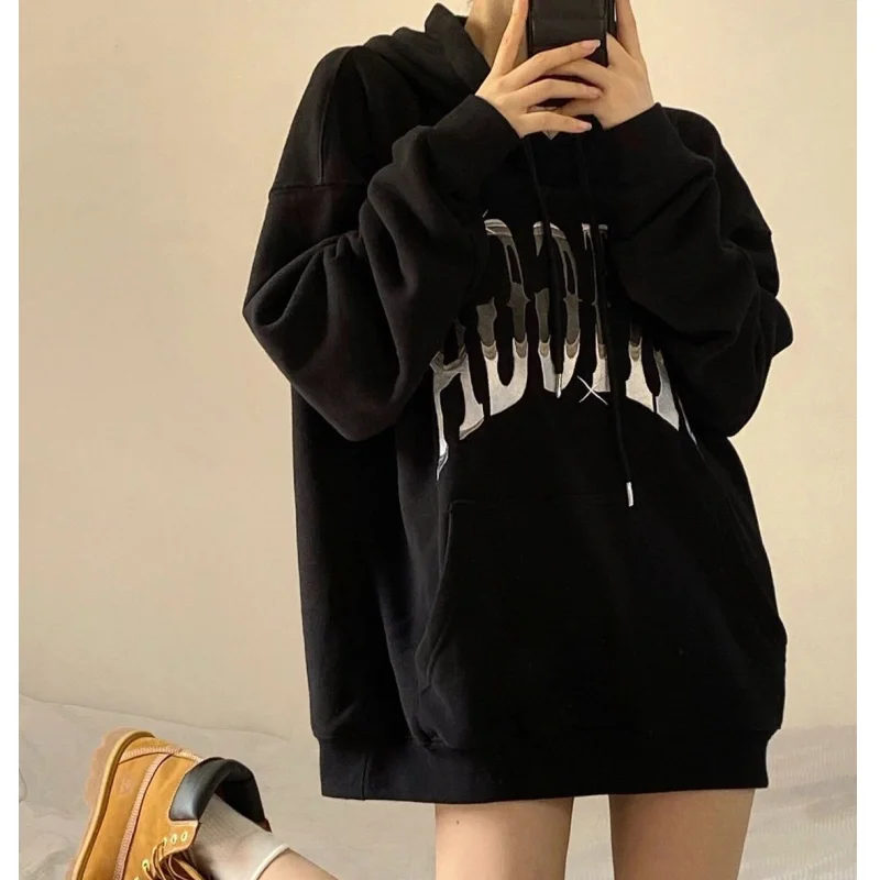 

Autumn Women' Clothing Korean Fashion Loose Solid White Grey Pullover Sweatshirt Letter Print Raglan Sleeves Long Sleeves Hoodie