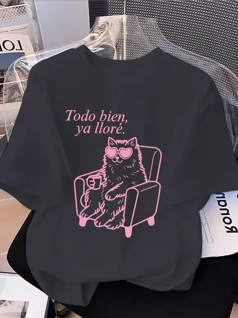 Todo Bien Ya Lloré Funny Cat Graphic T-Shirt, Casual Crew Neck Short Sleeve Top for Women, Cute Kitten Print Fashion Tee