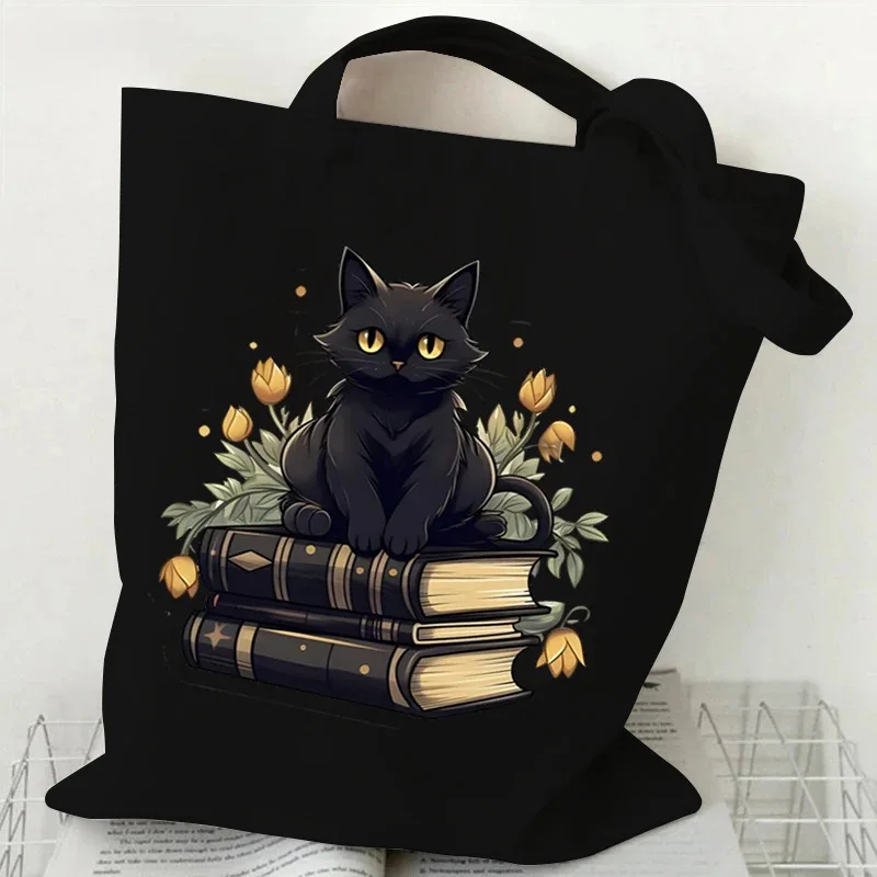 Cute Black Cat and Book Canvas Handbag for Women One Shoulder Flower Butterfly Print Shopping Bag Suitable for Daily Use