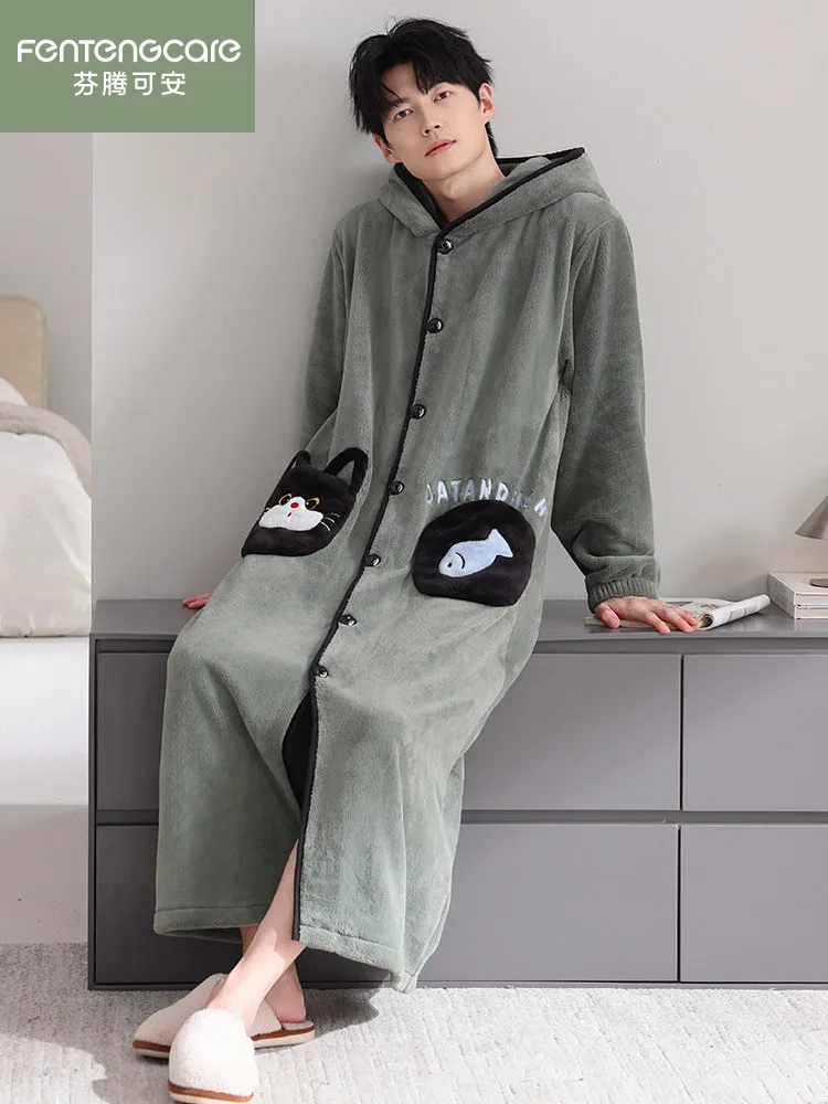 fenteng-care-men's-long-hooded-flannel-pajamas-warm-coral-fleece-cartoon-home-clothes-comfortable-sleep-robe-winter-season