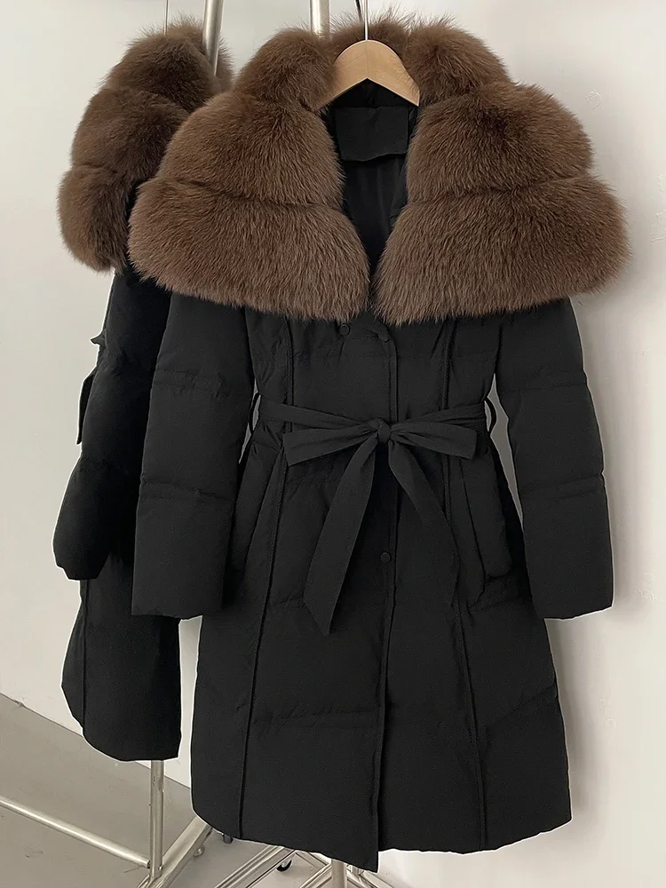 

New Winter Thickened Clothes Women Long Big Natural Fox Fur Puffer Coat Female Real Fox Fur Fluffy White Duck Down Jacket