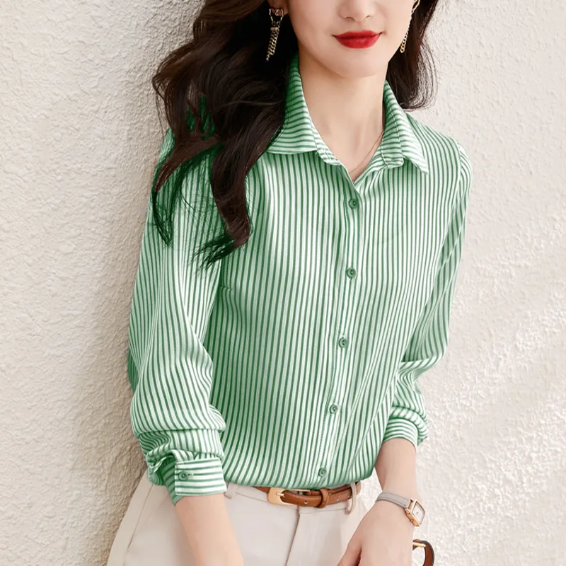 #2544 Spring Office Vertrical Striped Shirt Women Long Sleeve Regular Fit Womens Tops And Blouses Korean Style Elegant Shirts