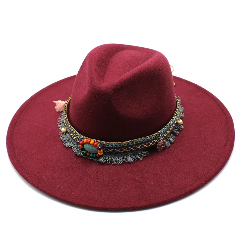 Chapeau en laine de style ethnique pour hommes et femmes, Fedora à large bord, chapeau d'église, chapeau de jazz à grand bord, transfrontalier, automne et hiver, 9 cm, 5cm