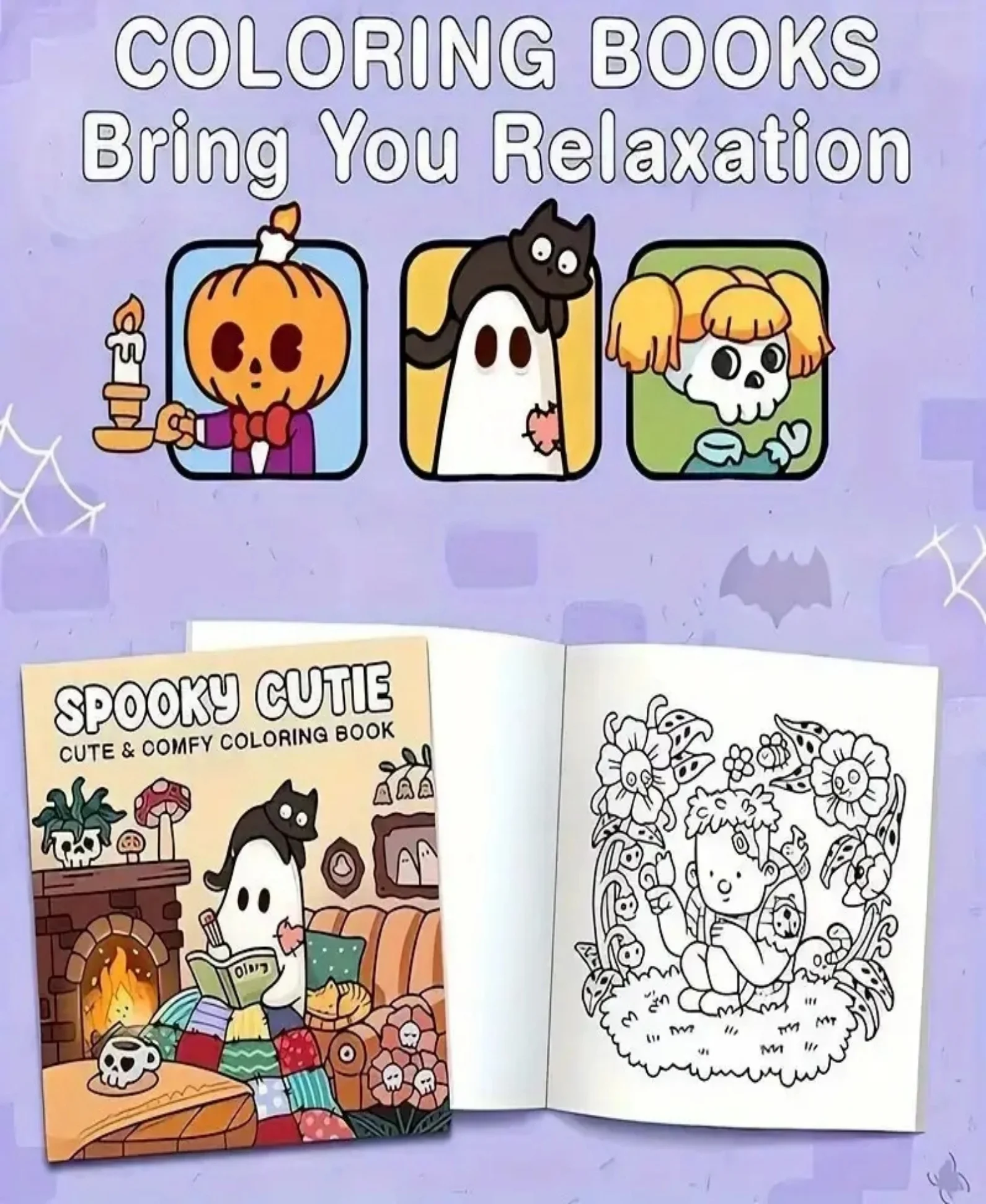 Libro para colorear Spooky Cutie: diseños audazos y sencillos de Halloween para aliviar el estrés, interactivo para niñas y colorear enfocado