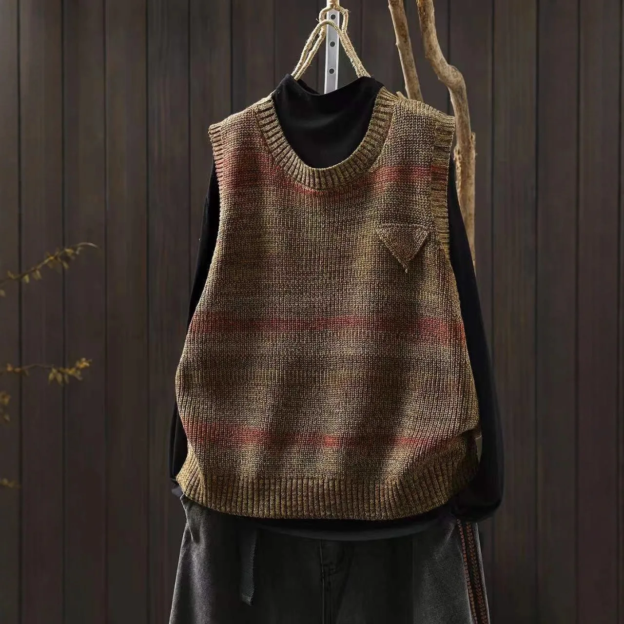 Gilet in maglia pullover senza maniche a righe vintage da donna di alta qualità Gilet senza maniche esterno casual vestibilità ampia da donna