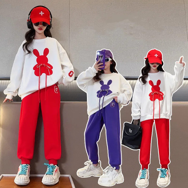 Children\'s Sets for 4 5 6 7 8 9 10 11 12 13 14 years Girls Tracksuit Cartoon rabbit Sweatshirt Jogging Pants Casual Sportswear