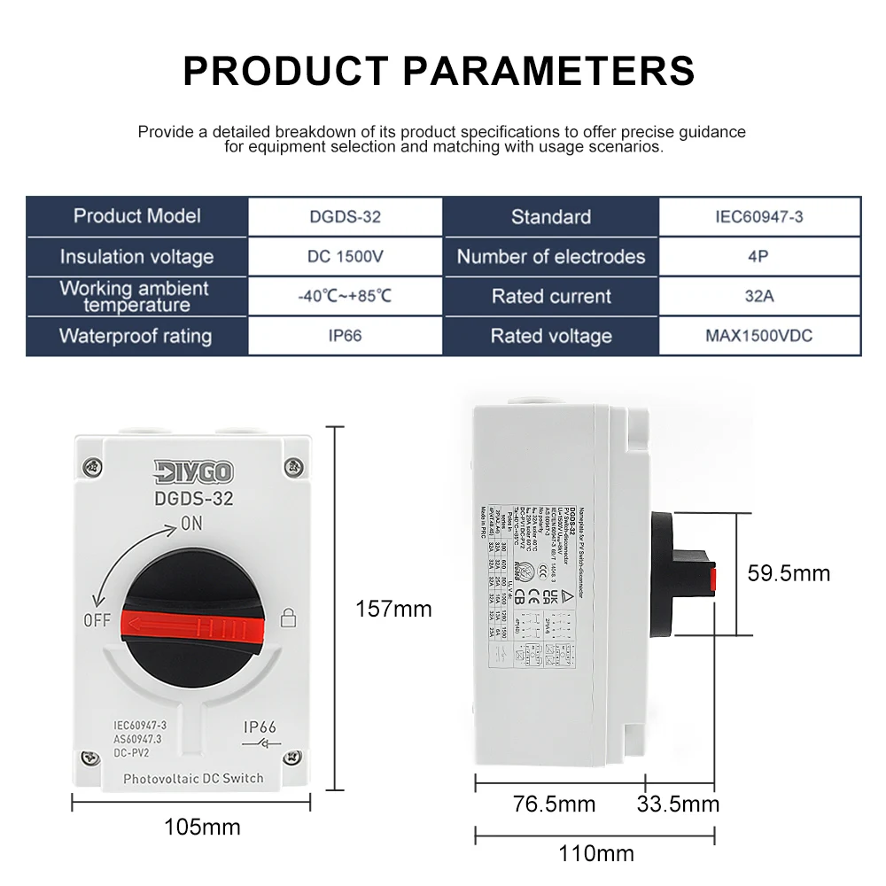 32A 1200V DC Safety Isolator Switch Rotation Handle Operated Disconnect Device IP66 Waterproof For Outdoor Photovoltaic System