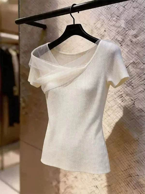 

Unique Splice Mesh Short Sleeve Knitted Top Women's Slim Fit Summer Fashionable round Neck Unique Splice Korean Style T-shirt