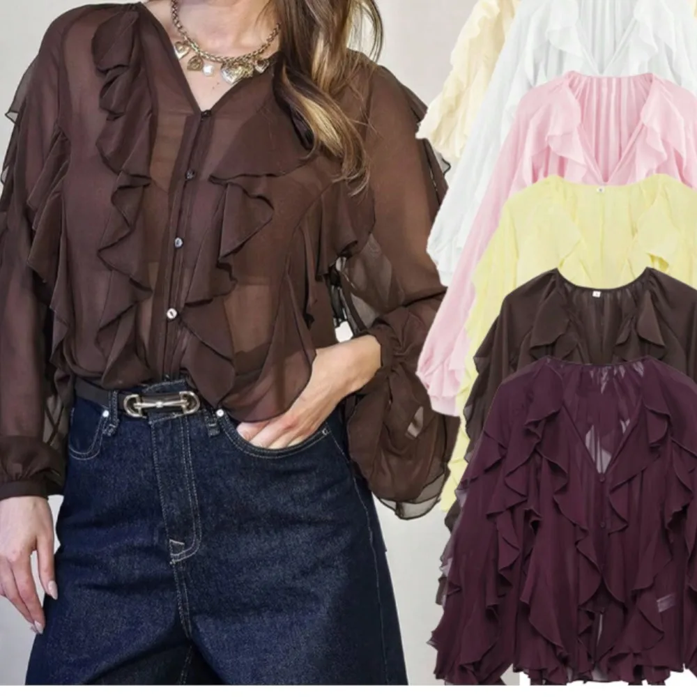 

Autumn All-match Shirt Blouses Shirts Blouse For Woman French Sexy Temperament Women's Clothing See Through Long Sleeves V-link