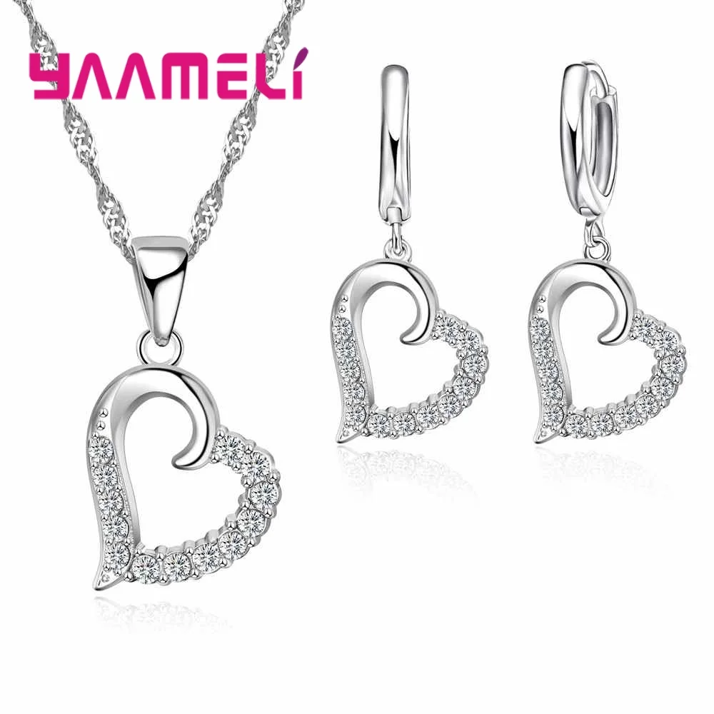 925 Sterling Silver Heart Shaped Jewelry For Women Necklace Pendant+Cute Earrings Sets Wedding Dance Party Appointment