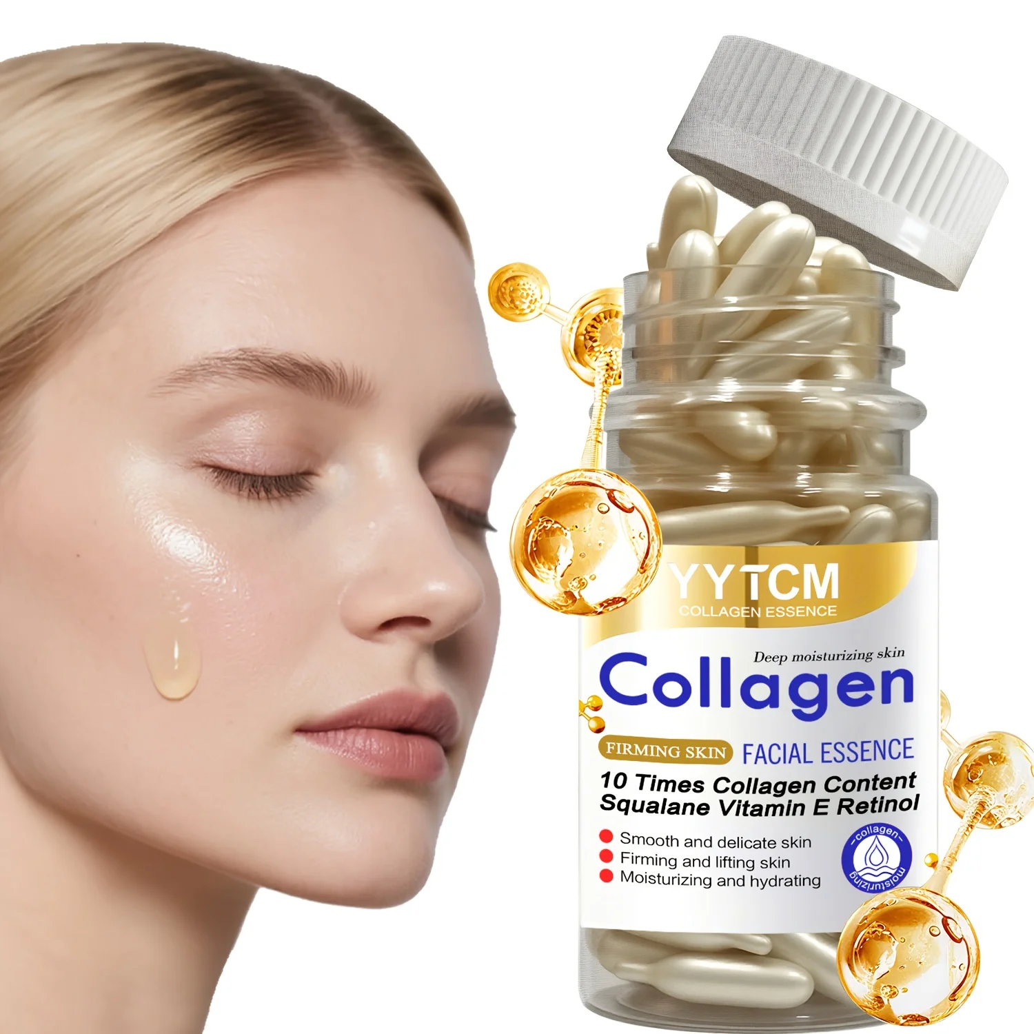 Essence raffermissante au collagène en capsules, hydratante et lissante pour la peau, contient du squalane végétal, du rétinol et de la vitamine E, essence hydratante en profondeur (0,4 g x 90 capsules)/flacon - 1 flacon