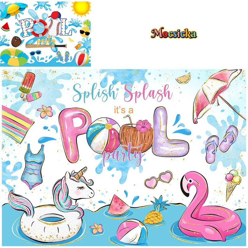 

Mocsicka Summer Photography Backdrops Girl Happy Birthday Pool Party Backgrounds Kids Portraits Cake Smash Studio Photo Banner