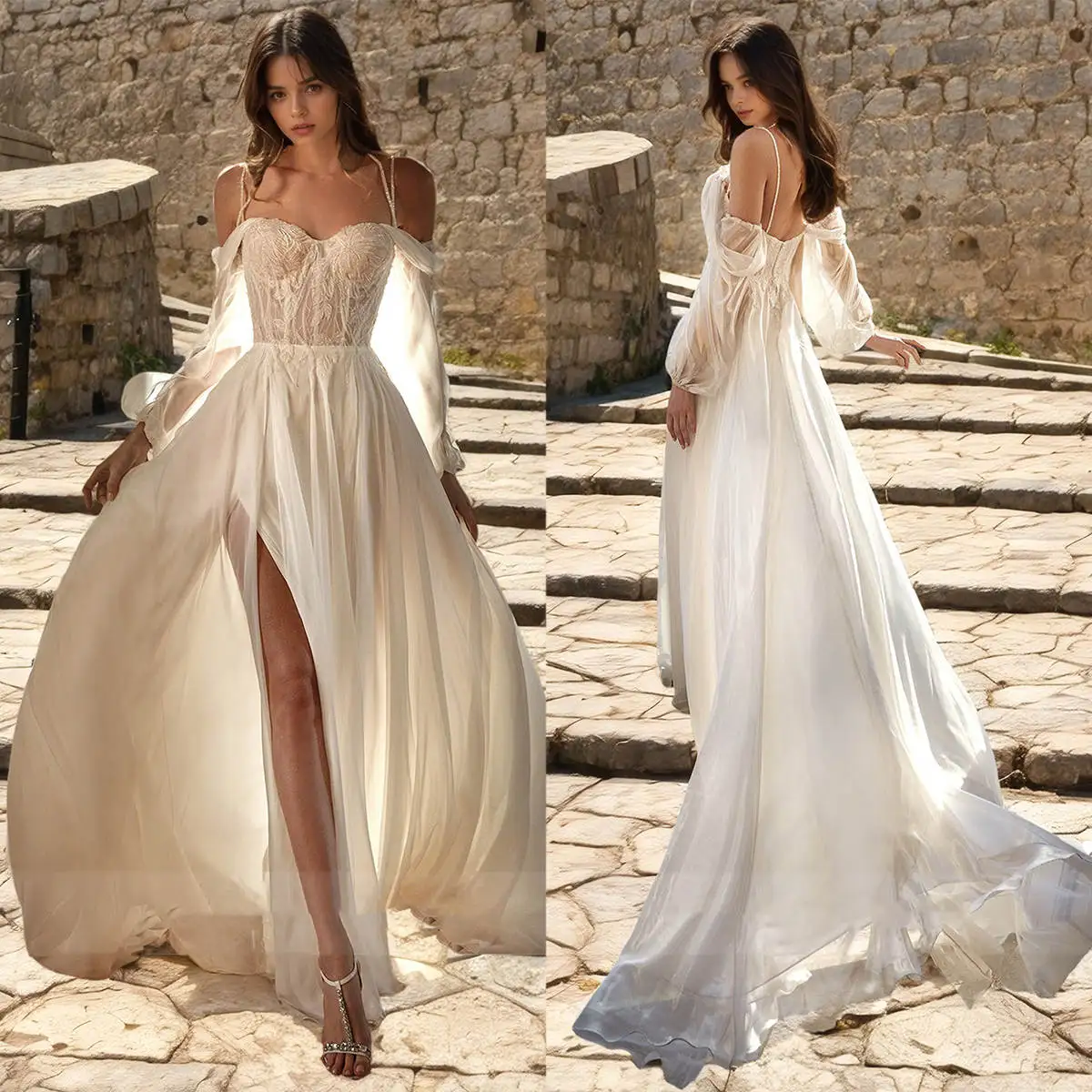 Modern A Line Wedding Dresses Spaghetti Strap Sweetheart Side Slit Backless Bridal Gown Sweep Train Vestido De Noiva Customized