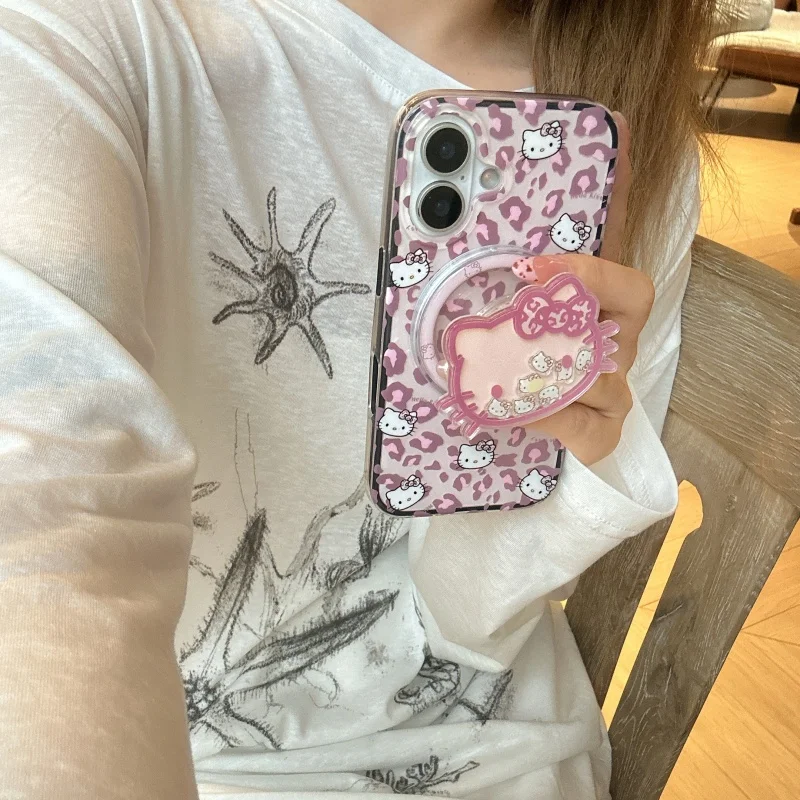 

3D Leopard print Cute Cartoon Hello Kitty Magsafe Wireless Charge Case For iPhone 14 15 16 Pro Max sweet Pink KT Magnetic Stand