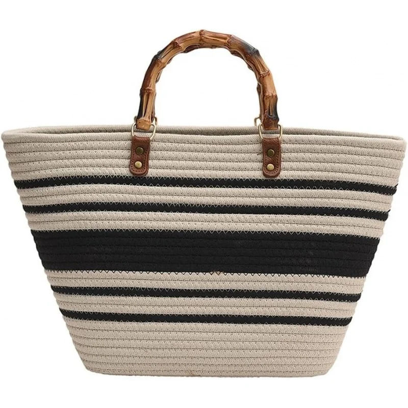 

Women's with Bamboo-Inspired Resin Handles Large Straw Tote Woven Handbag Shoulder Bag for Vacation