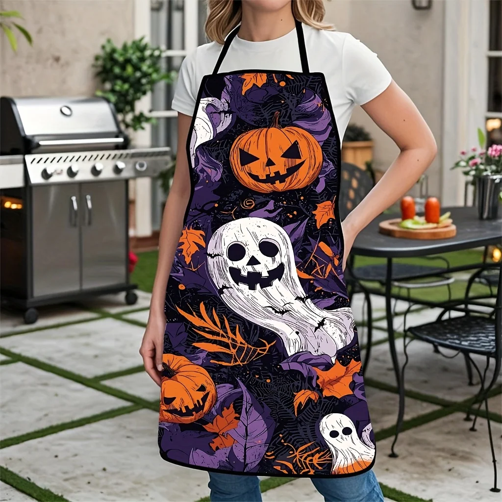 1pc Halloween Apron Spooky Ghosts Pumpkins Bats Design Durable Polyester Kitchen Apron for Baking, Cooking