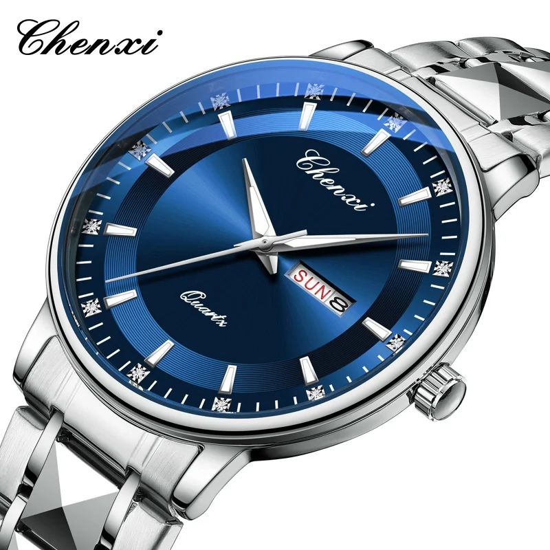 CHENXI 601 Men's Quartz Watch Fashion Calendar Week Luminous Stainless Steel Strap Waterproof Simple Business Watches for Men