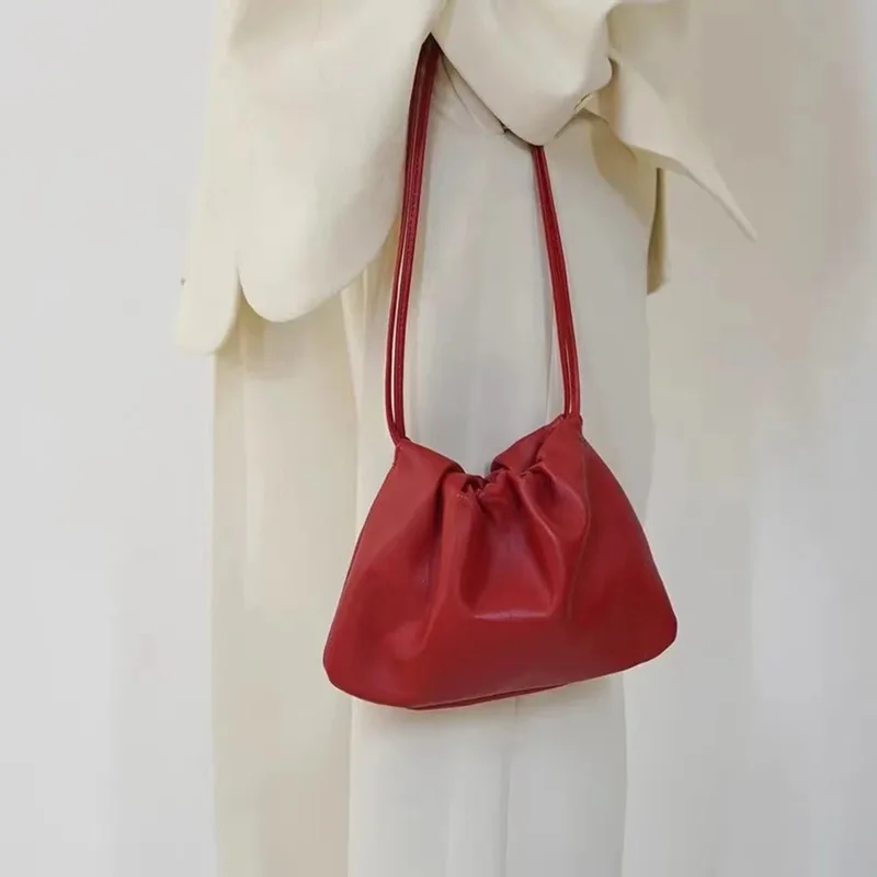 

Fashion Red Soft Leather Single One Shoulder Crossbody Bag Korean Pleated Portable Underarm Bag Women's New Lace-up Handbag