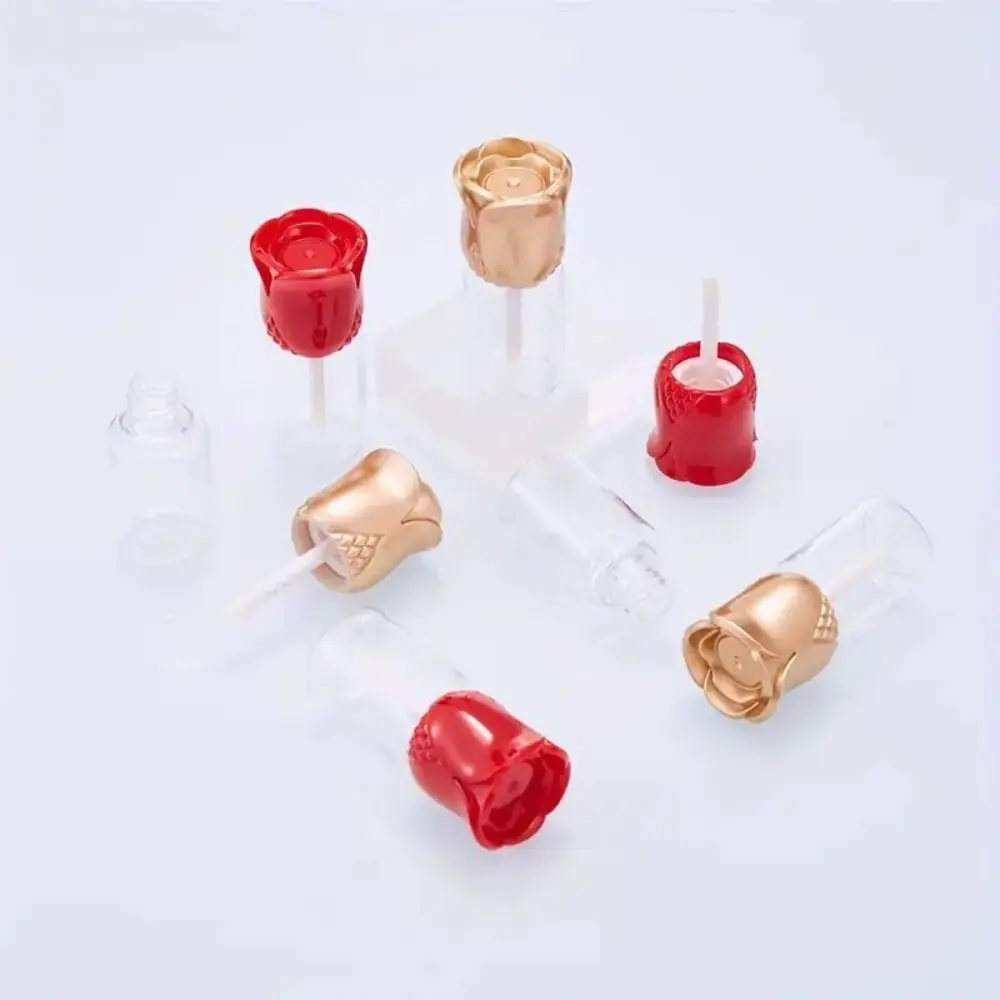 DIY 10 ML Lip Gloss Tube With Brush Rose Shape Sample Storage Lip Oil Container Modern Red Gold Rose Lipstick Tube Makeup Tool