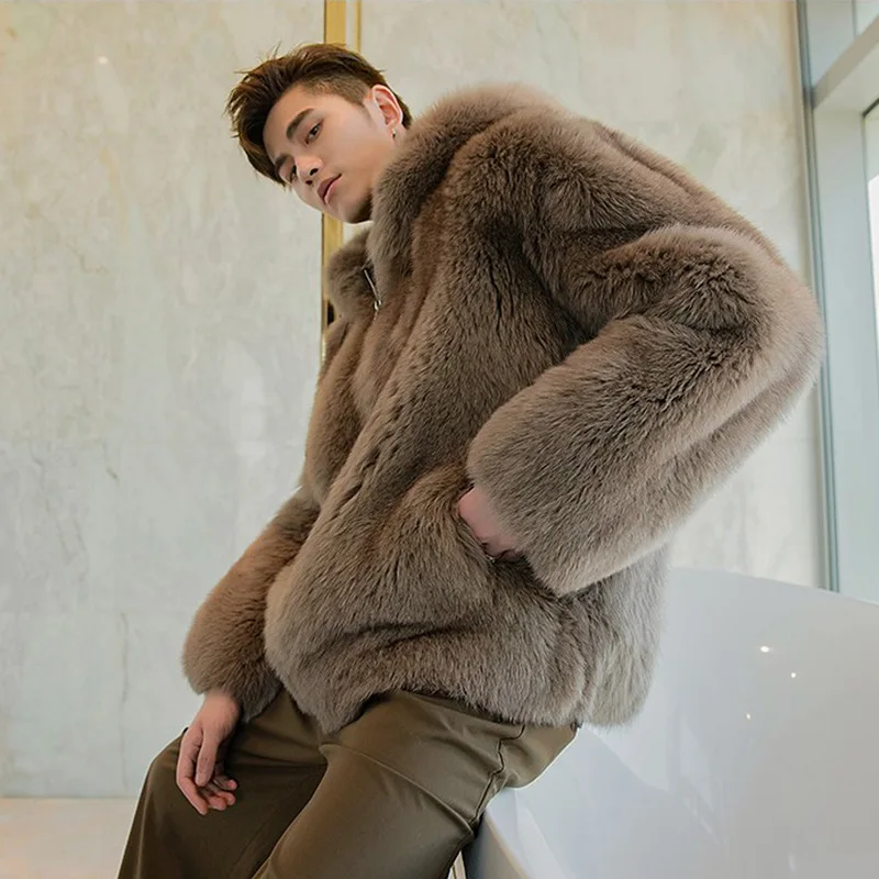 2026 Punk Men Faux Fur Short Coats Jackets Hooded Zipper Coat Thick Streetwear Jacket Work Outerwear Casual Loose Autumn Winter