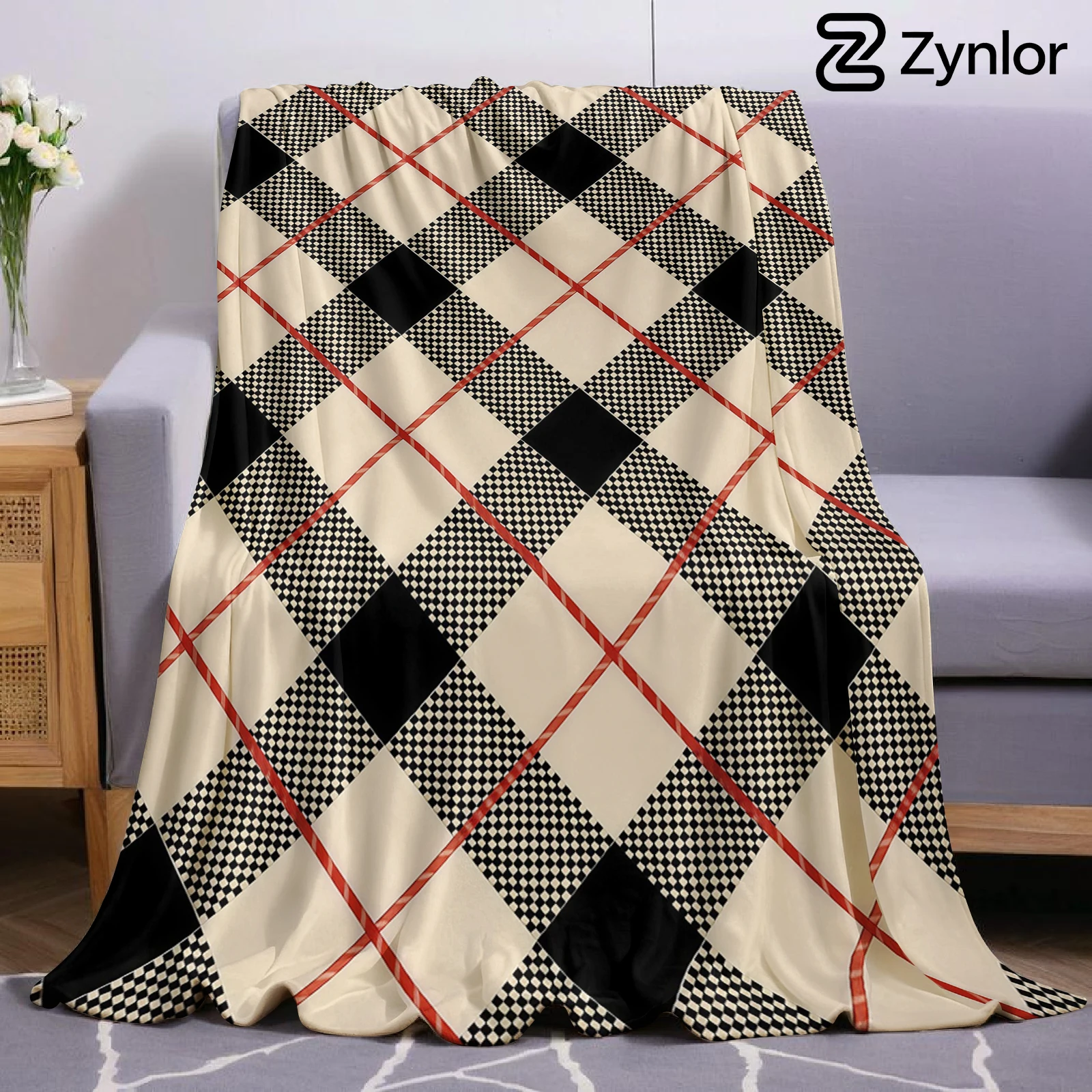 Vintage Red Argyle Check Lightweight Microfiber Soft Christmas Fleece Blanket Warm Cozy Throw for Sofa Office Travel All Season