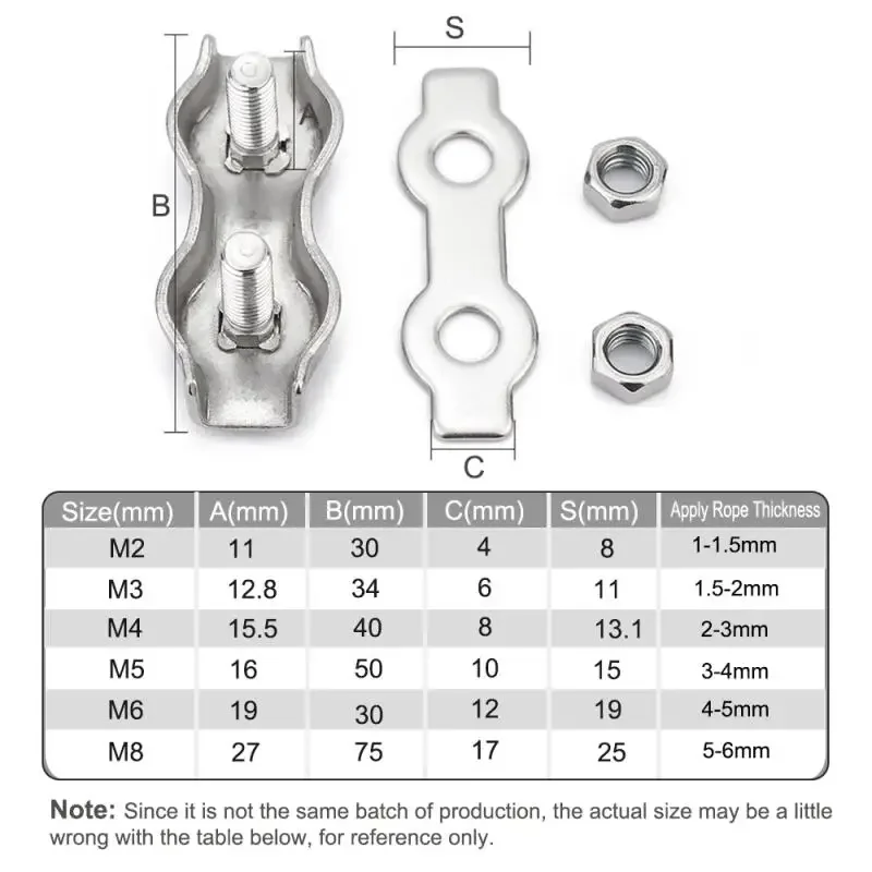 5-2pcs Stainles Steel Wire Rope Clips, M2-M6 Waterproof Cable Clamps, Single/Double Grip Chuck Lock for Hardware Fasteners