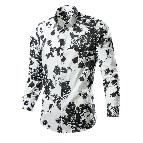 Fashion black white Flower Pattern 3D Print Men's Long Sleeve Shirts Casual Button Down Striped Shirts for Men Top Male Clothing