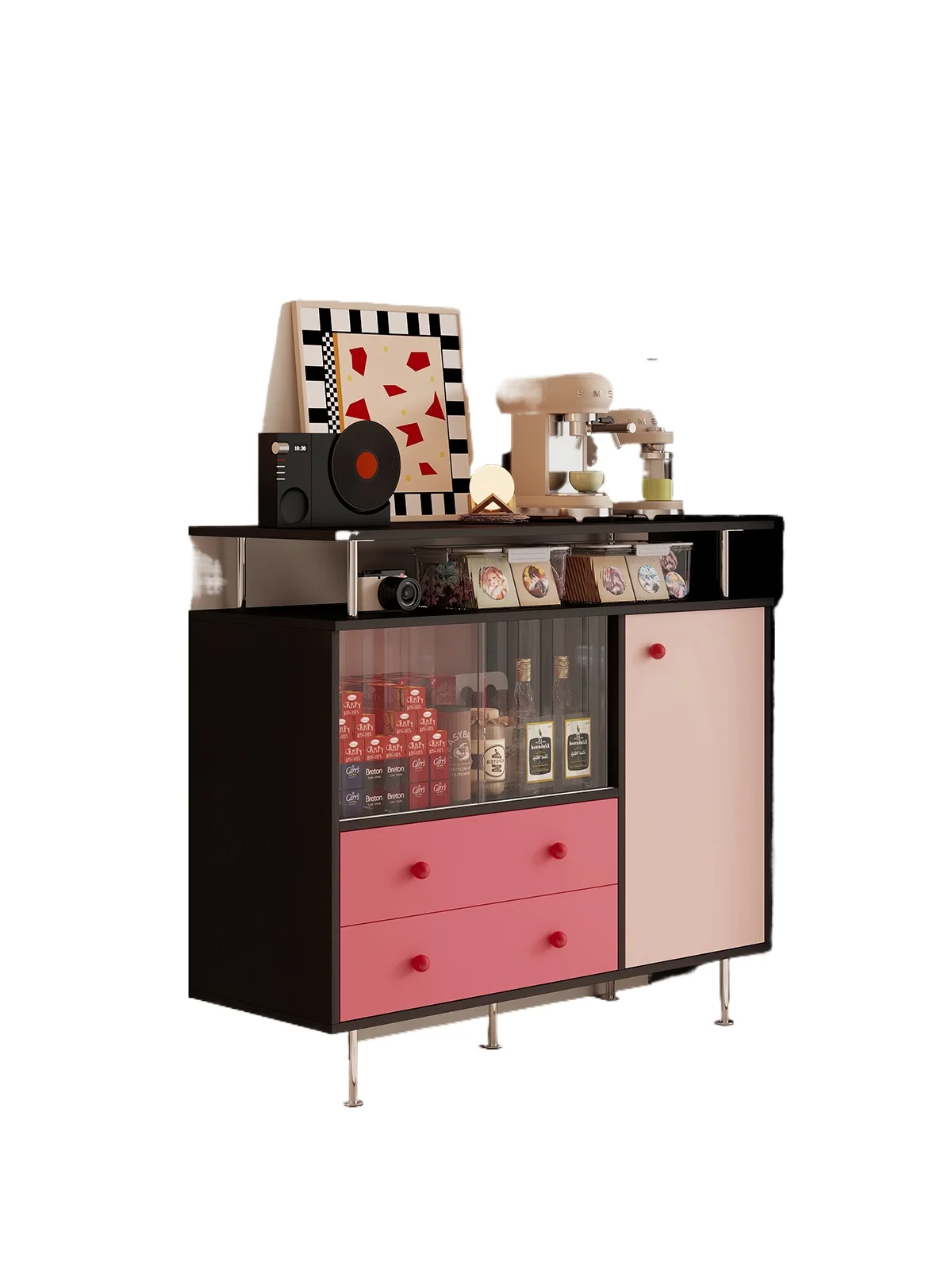 

second-hand sideboard, wall-to-wall decoration, wooden combination cabinet, wabi-sabi style cabinet, French storage