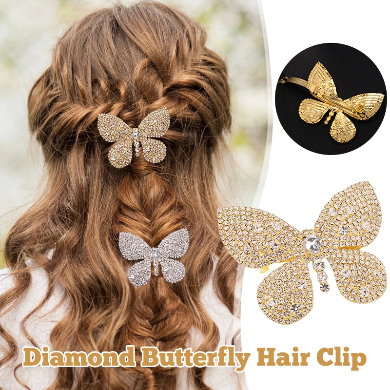 

1 шт., сверкающая заколка для волос в форме бабочки со стразами для женщин, модная боковая заколка для волос, подарок для свадебной вечеринки, регулируемая цепочка для тела