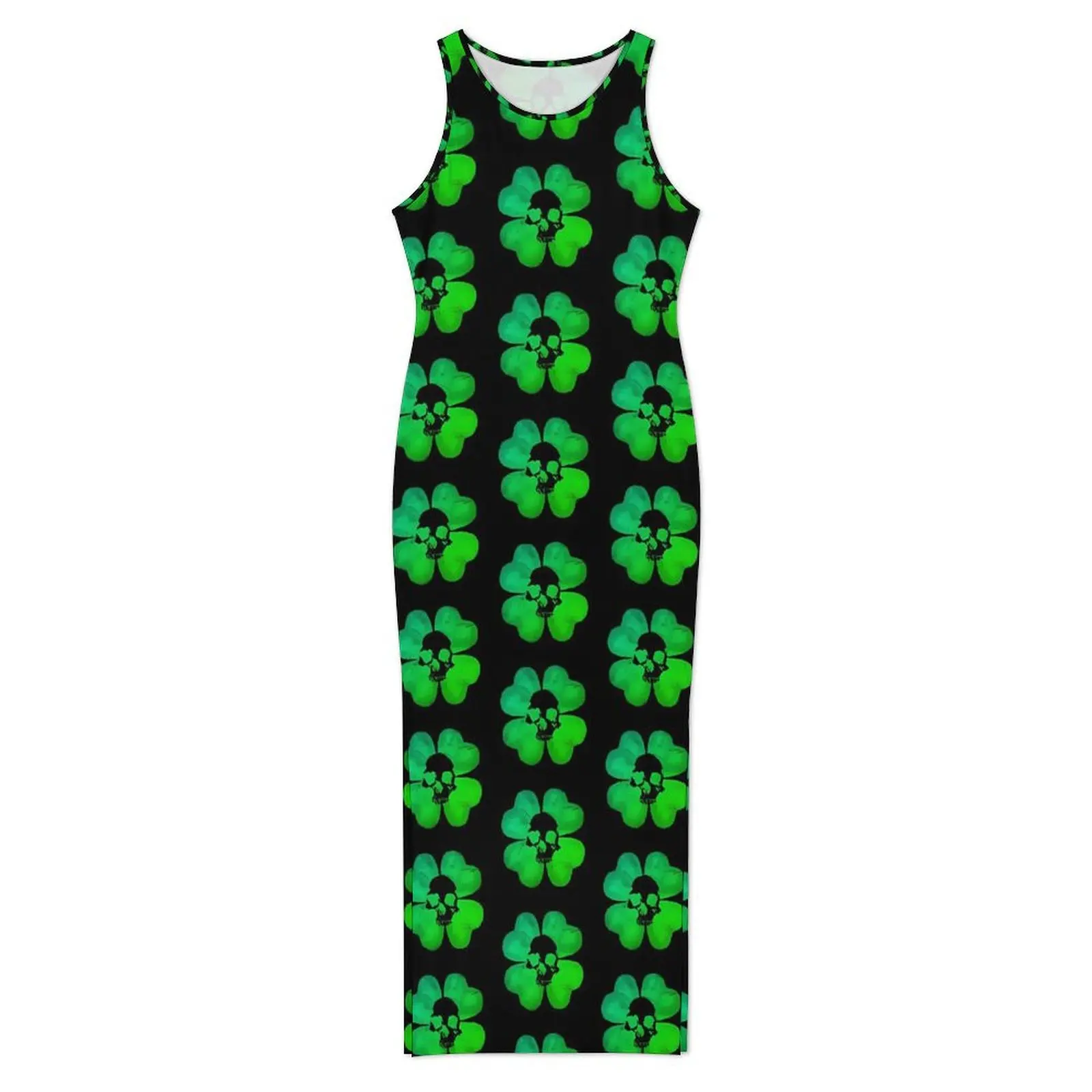 Female Bodycon Dress Stylish Skull Leaf Print Maxi Dresses Spring Shamrock Sleeveless Casual Y2k Pattern Dress Big Size