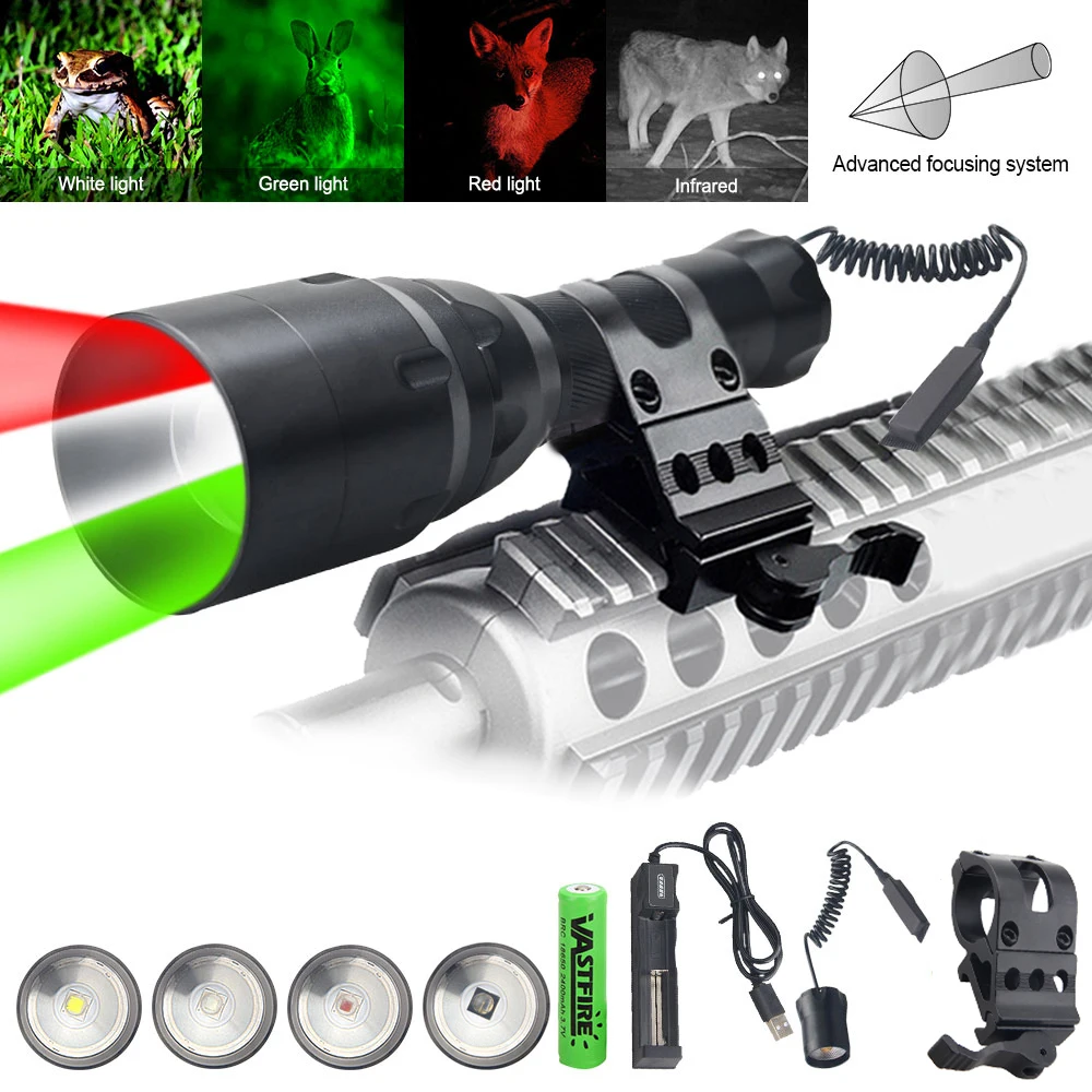 Tactical 1-Mode Zoomable Hunting Flashlight White/Red/Green/IR 850nm Interchangeable Lamp Holder Torch Power by 18650 Battery