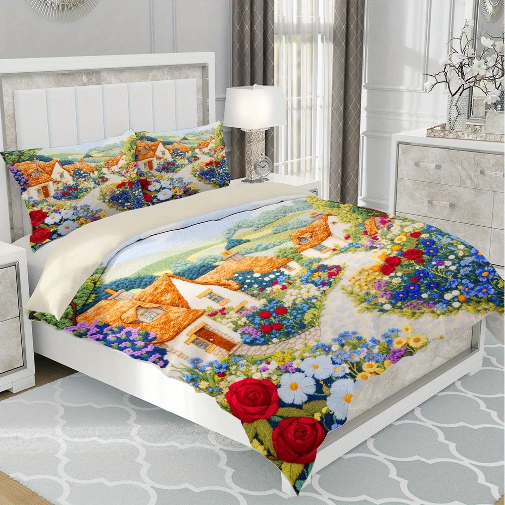 

3pcs Crochet Fairy Tale Room Style Printed Quilt Set- Includes 1 Quilt Cover and 2 Pillow Cover (without Filler)