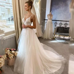 Graceful Romantic A Line Women Wedding Dresses Sexy V-Neck Lace Appliques Bride Gown Spaghetti Strap Vestido De Novia Customized