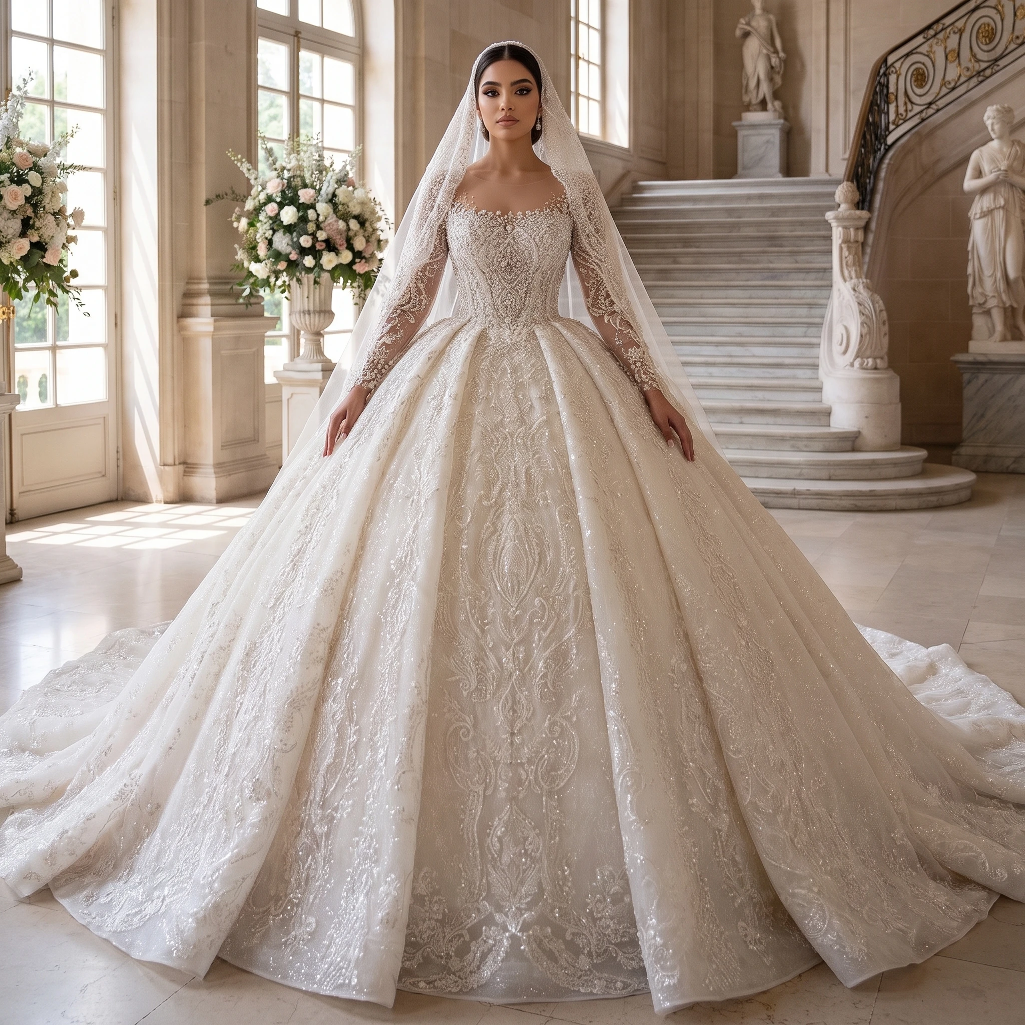 Customized Exquisite Long Sleeves Wedding Dresses for Bride Backless Bling Pleats Lace Appliques Ball Gown Vestido De Novia