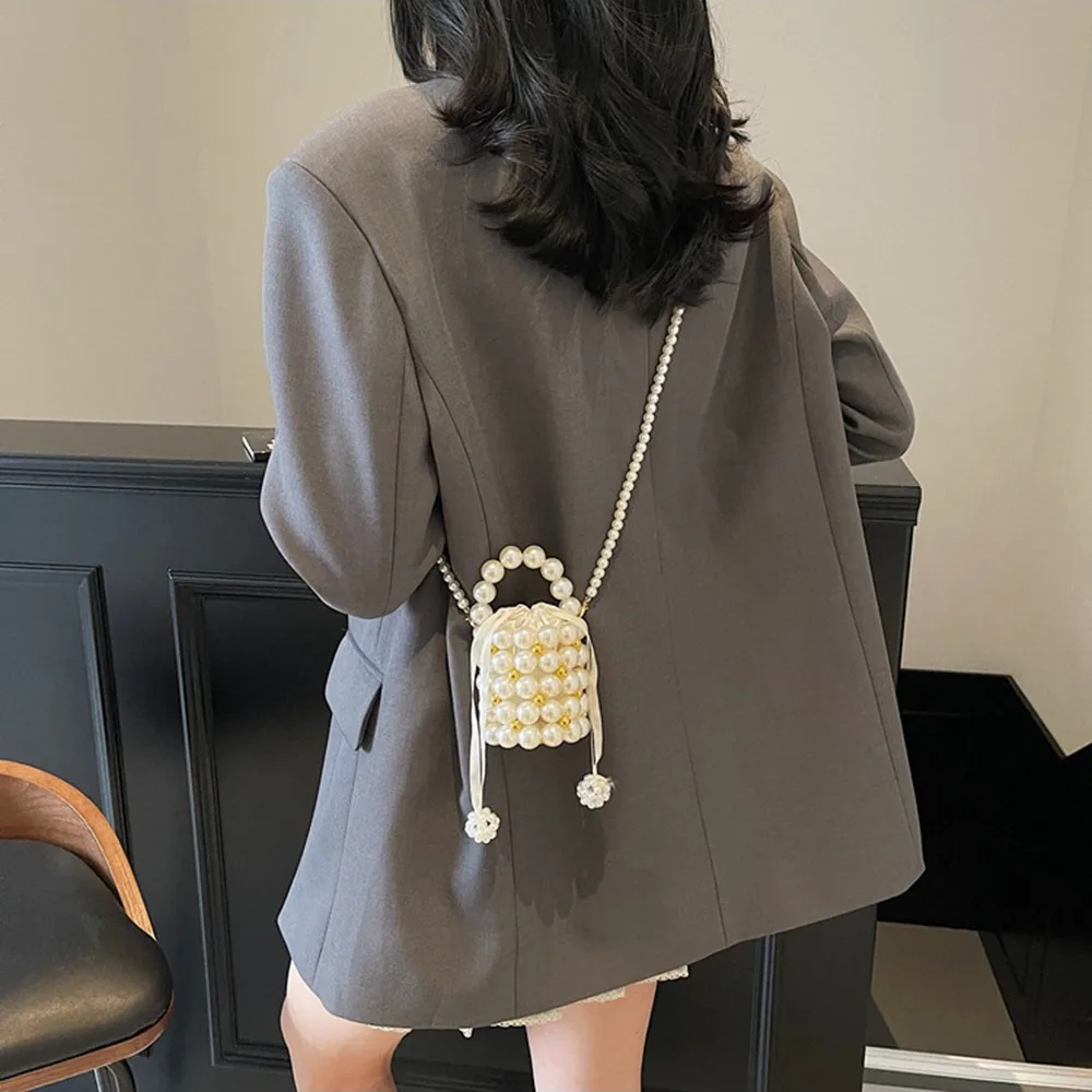 

Vintage Luxury Pearl Beaded Handbag Mini Detachable Chain Woven Bead Underarm Bag Elegant Handmade Crossbody Coin Purse