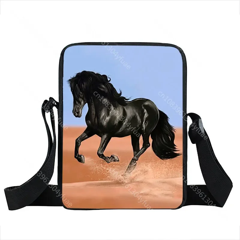 Tas selempang motif hewan, tas kurir santai, tas tangan kanvas, tas perjalanan, tas selempang poni imut, tas tangan remaja laki-laki