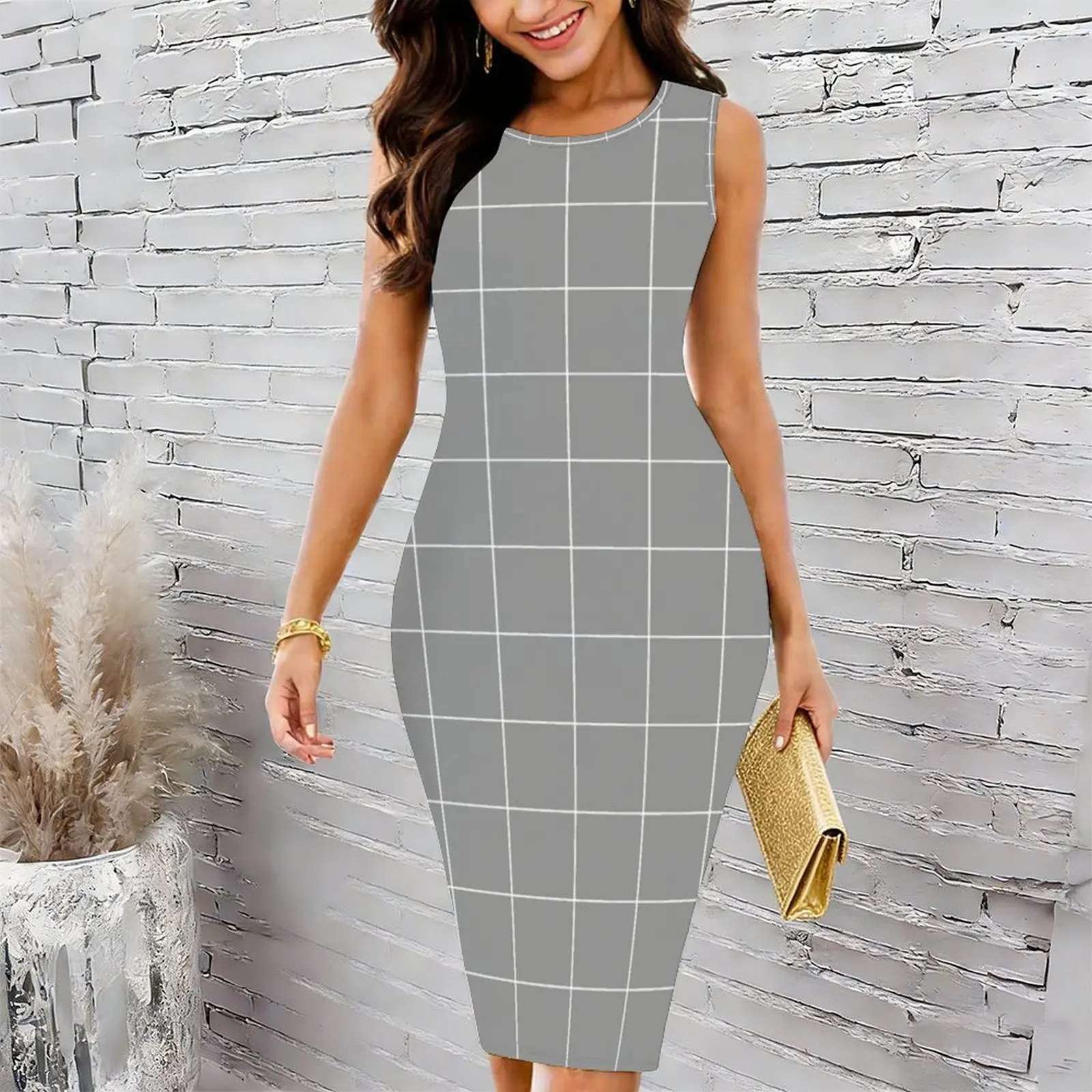 Windowpane Check Grid (white/gray) Women's Round Neck Tight Hip Wrap Skirt