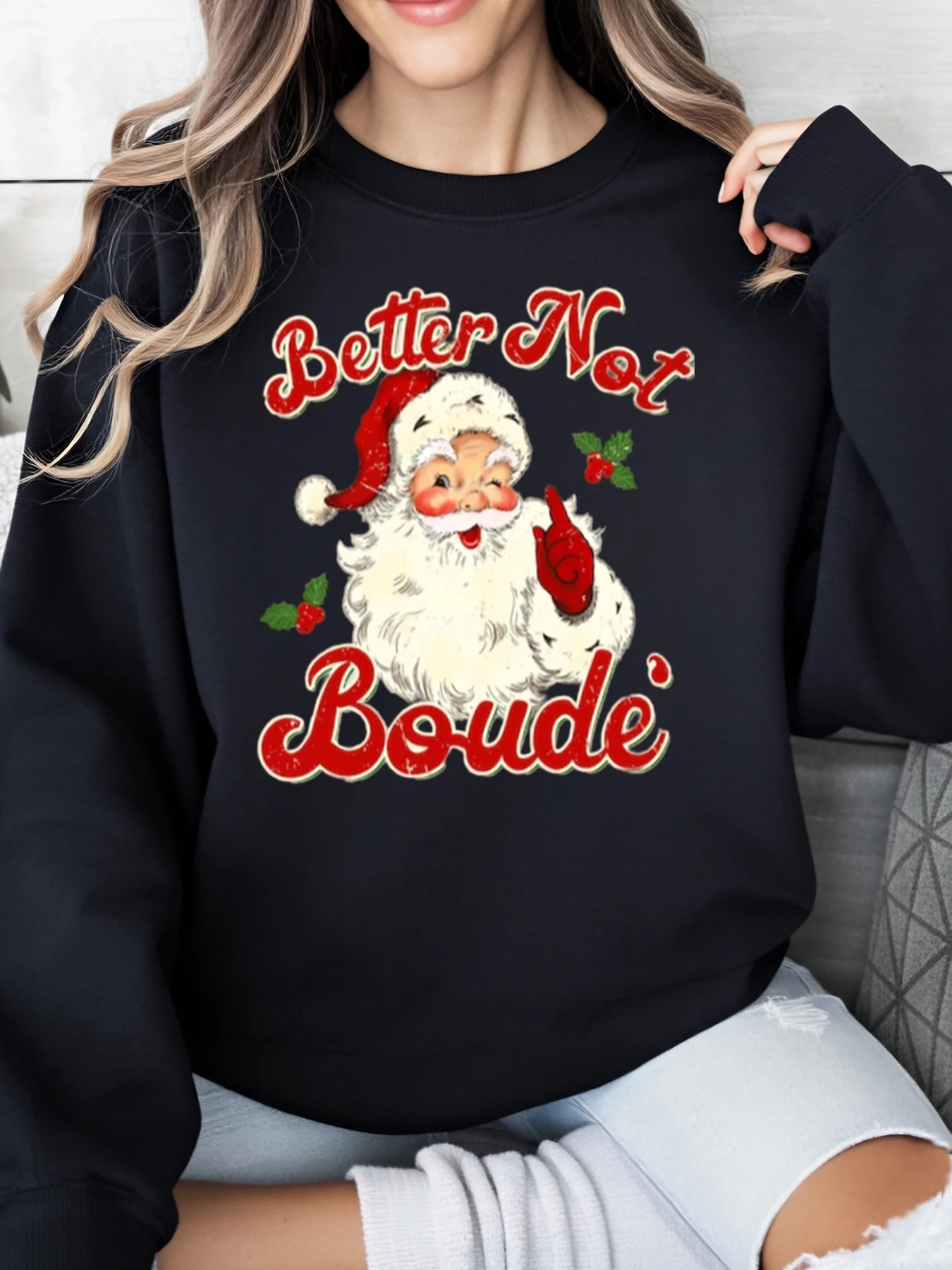 

Санта-Клаус Better Not Pout Рождественский свитшот Женская праздничная вечеринка Повседневная одежда Черный Большие размеры