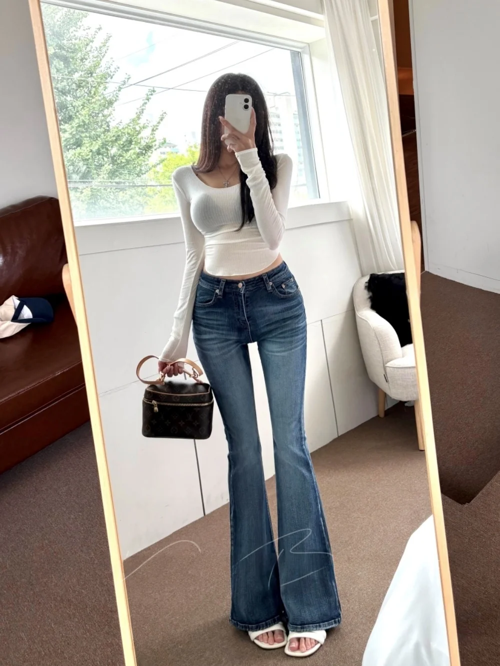 

Джинсы в корейском стиле с высокой талией, облегающие, ретро, с эффектом потертости, расклешенные, для женщин, из хлопкового стрейч-денима