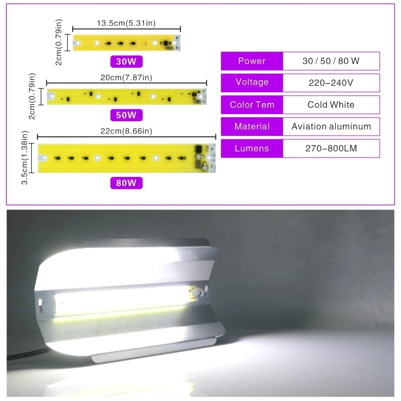 LED COB Chip 30W 50W 80W for Flood Light 220V Cold/Warm white LED Lamp Spotlight Full Spectrum Grow Light for Flower Vegetables